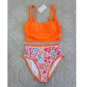 Pink Queen Womens Neon Orange Floral High Waisted Bikini Set Size M New